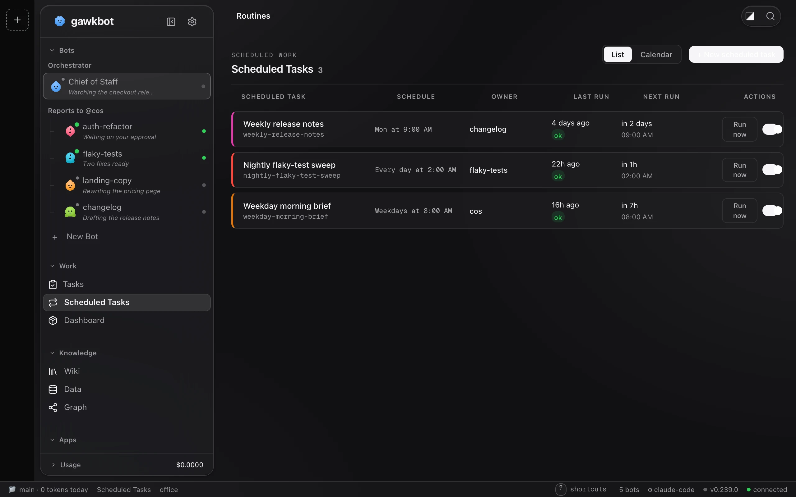 The Scheduled Tasks screen, listing the routines the bots run and when each one runs next.